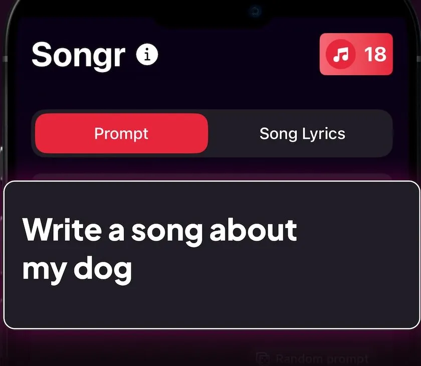 Songr screen: type an idea and get full lyrics
