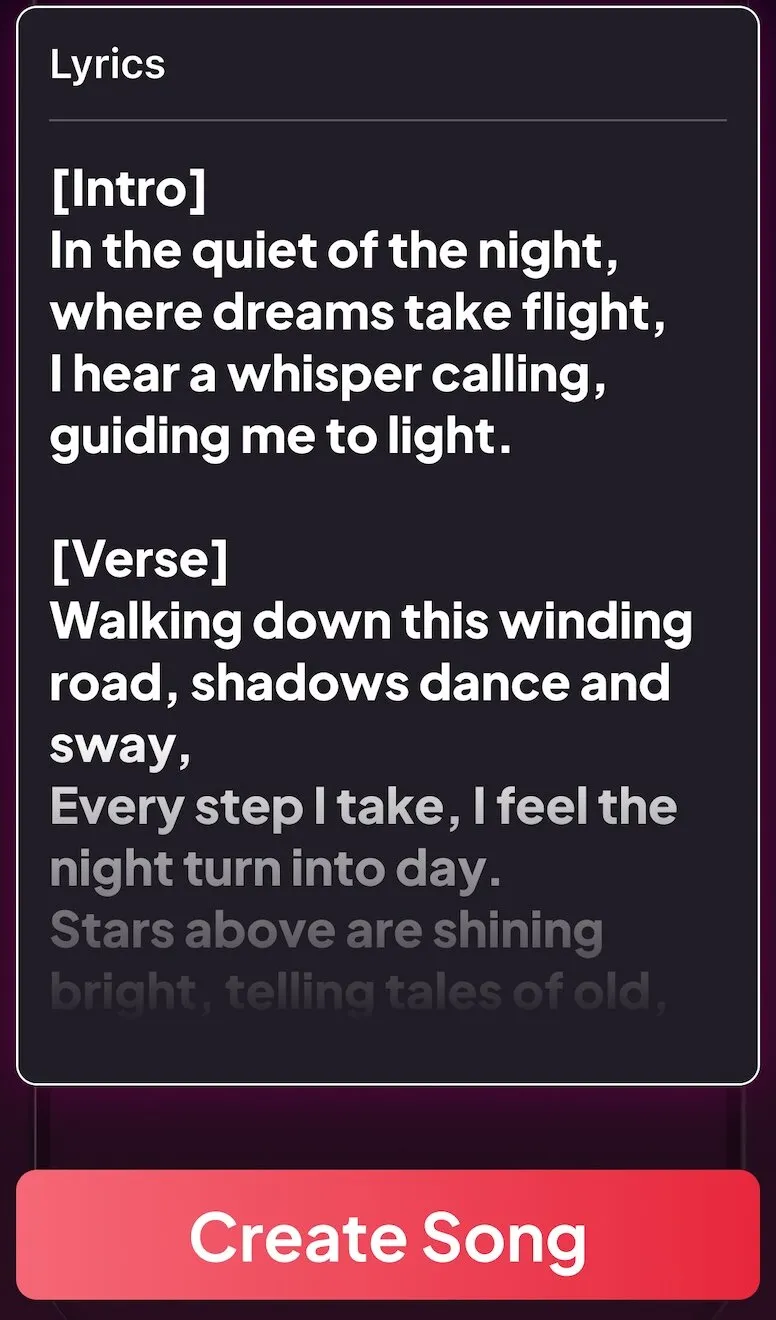 Songr screen: lyrics ready to turn into a song