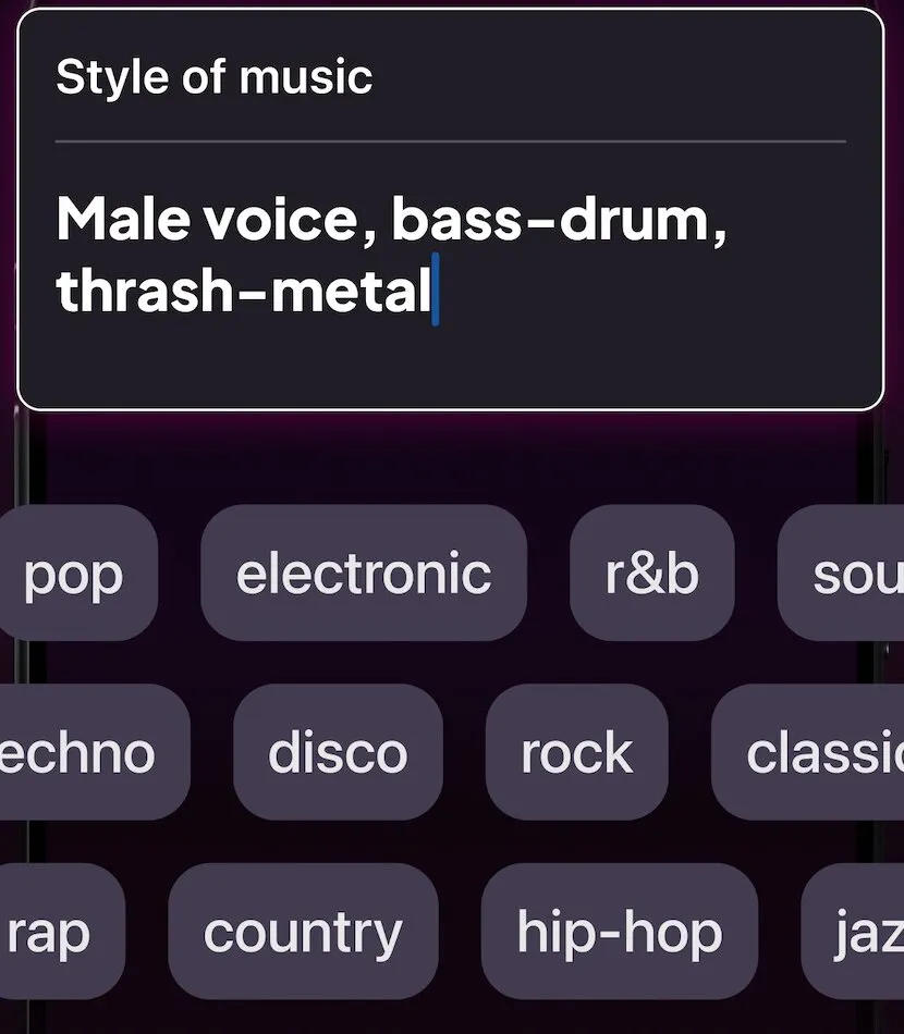 Songr screen: style suggestions from pop to techno and metal